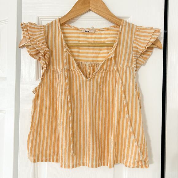 Francesca’s Mi Ami Yellow White Striped Flutter Sleeve Top Women’s Size Medium - Picture 2 of 5
